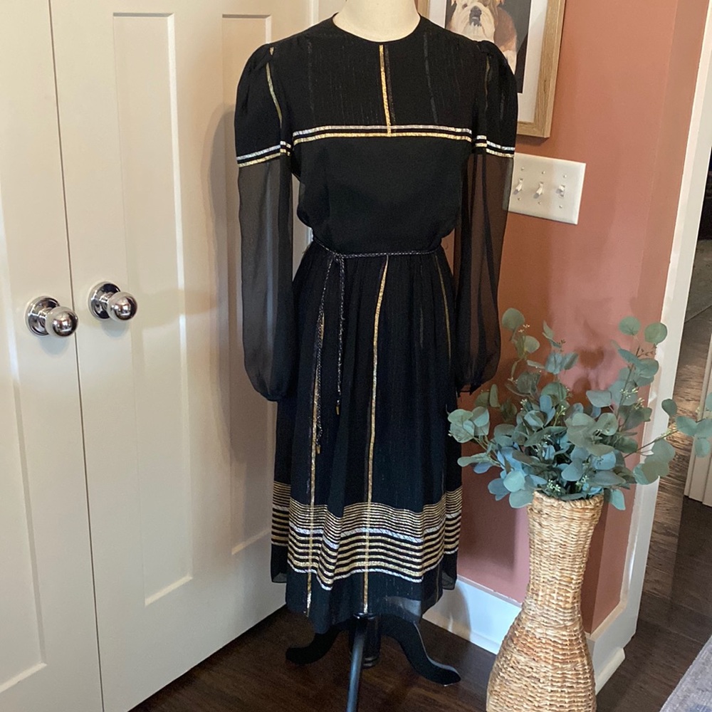 Vintage David Morris Made in USA 1970’s black metallic threading 6 chiffon dress